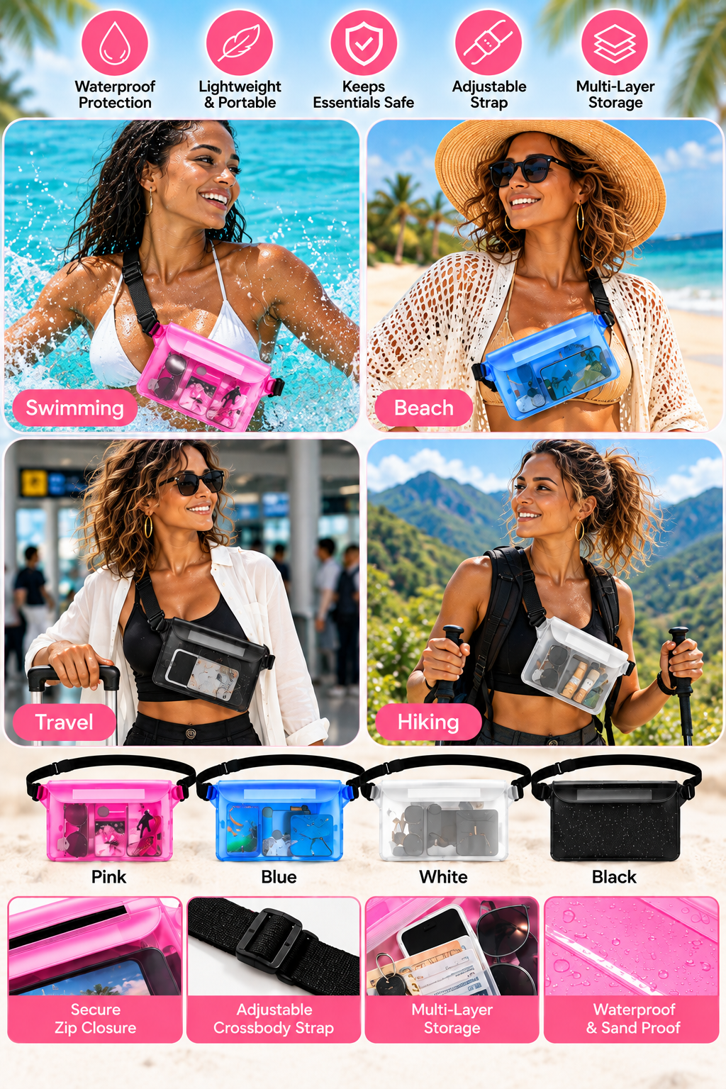 A promotional collage showing a waterproof crossbody phone pouch in multiple colors, with women wearing it in swimming, beach, travel, and hiking scenarios, plus feature callouts and color options at the bottom.