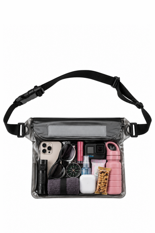 A clear waterproof shoulder bag with a black strap, shown open and filled with various travel items including a phone, sunglasses, watch, lip balm, camera, earbuds case, towel, snack, and a pink water bottle, on a solid white background.