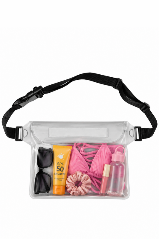 A clear waterproof pouch with a black adjustable strap, shown filled with travel accessories including pink swimwear, sunglasses, sunscreen, a hair scrunchie, and a lip balm, on a plain white background.