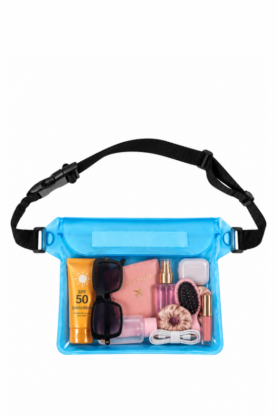 A light blue waterproof crossbody bag with a black adjustable strap, shown filled with various beauty and sun protection items including a pink notebook, pink spray bottle, sunglasses, sunscreen, and a hairbrush, on a solid white background.