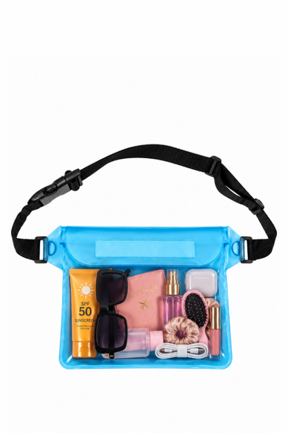 A light blue waterproof crossbody bag with a black adjustable strap, shown filled with various beauty and sun protection items including a pink notebook, pink spray bottle, sunglasses, sunscreen, and a hairbrush, on a solid white background.