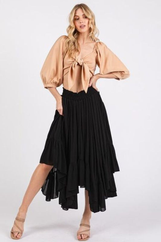 Flowy Handkerchief Pleated Midi Skirt
