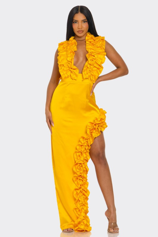 Golden Hour Cascade Ruffle Gown