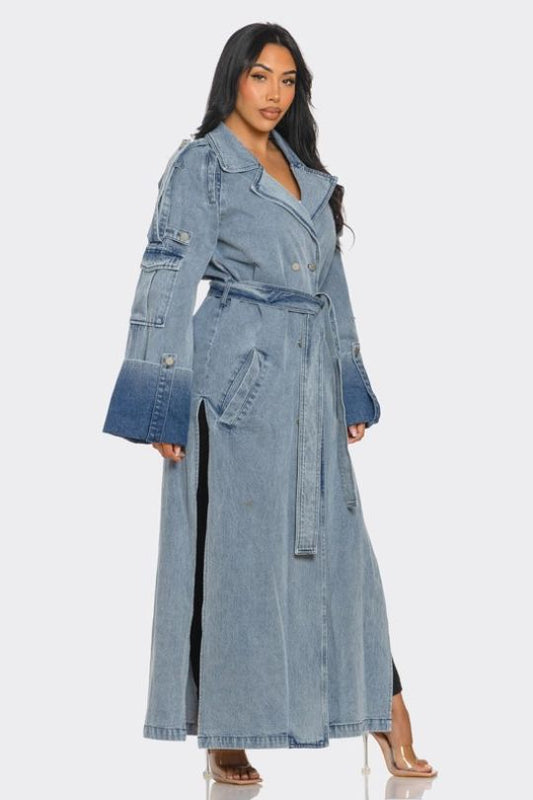 Long Double Split Denim Trench Jacket