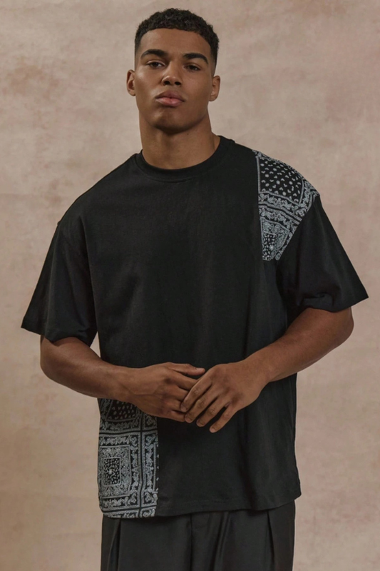 Men’s Black Paisley Patchwork Relaxed Tee
