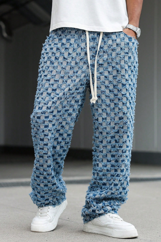 Men's Checkered Fringe Drawstring Denim Jeans