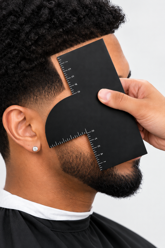 A close-up of a person's head and neck showing a black hairline and beard length guide held against the face by a hand, with a small diamond stud earring visible on the ear.