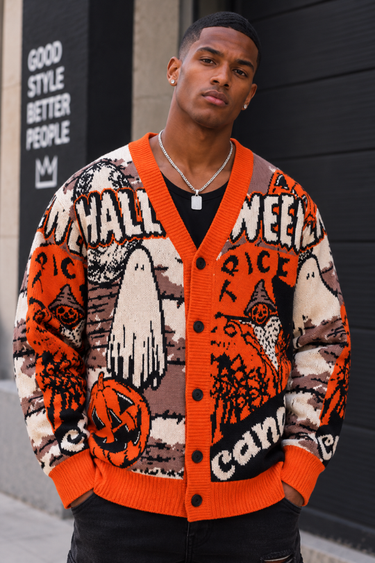 Men’s Pumpkin Mischief Halloween Cardigan Sweater