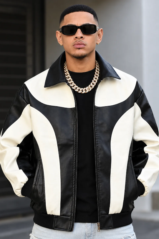 Men’s Split Decision Two-Tone PU Leather Jacket
