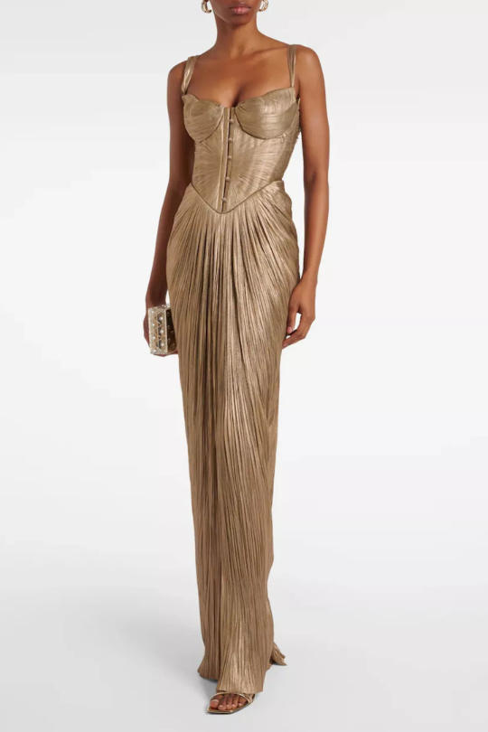 Metallic Pleated Corset Maxi Dress