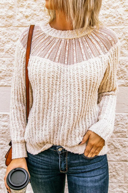 Semi-Sheer Round Neck Rib-Knit Sweater