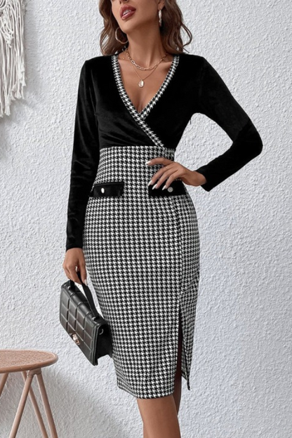 Professional Surplice Neck Houndstooth Dress