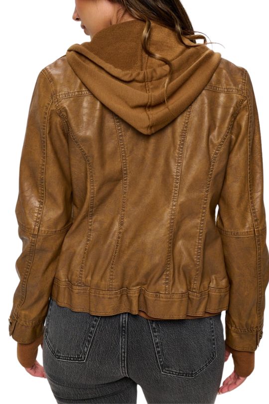 Double Leather Hooded Long Sleeve Jacket