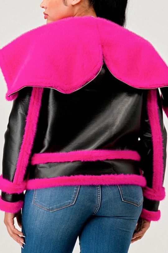 Hot Pink Faux Fur Leather Trim Aviator Coat