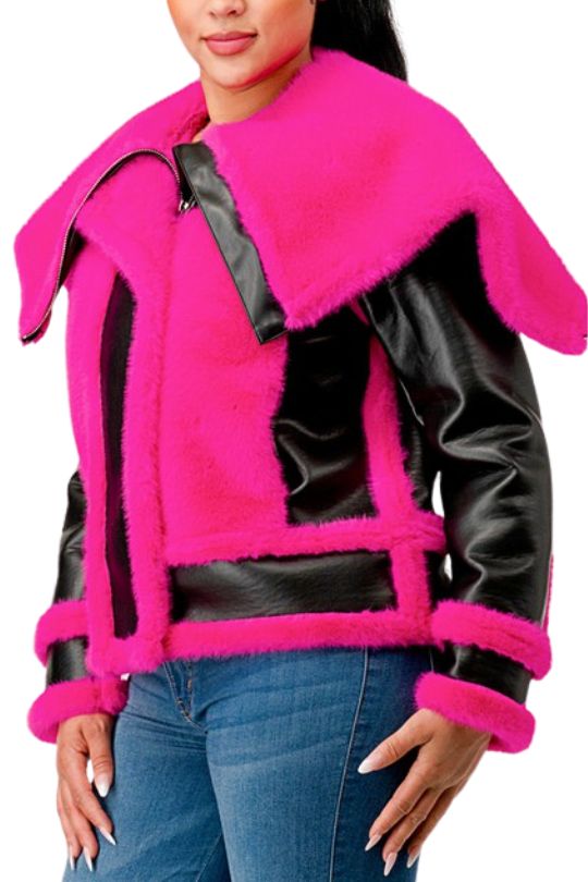 Hot Pink Faux Fur Leather Trim Aviator Coat