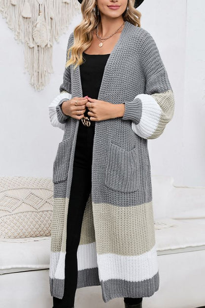 Color Block Long Sleeve Pocketed Cardigan