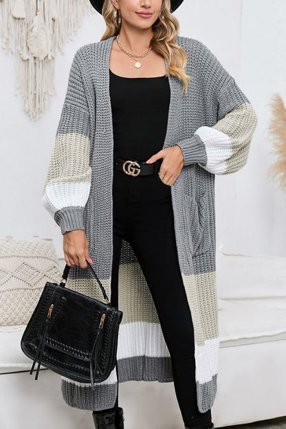 Color Block Long Sleeve Pocketed Cardigan