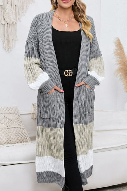 Color Block Long Sleeve Pocketed Cardigan