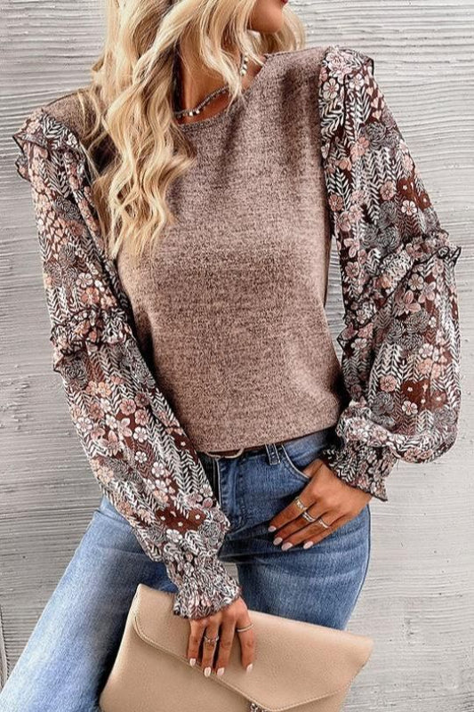 Floral Ruffle Puff-Sleeve Blouse