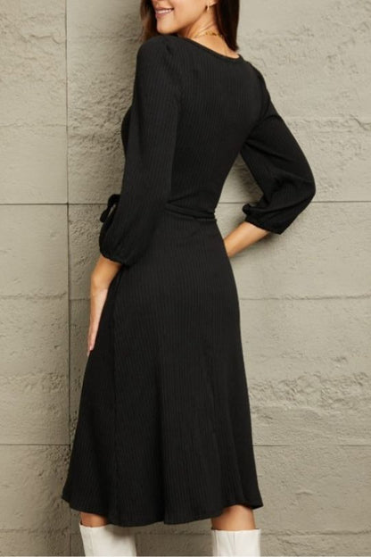 Black Plunge Neck Flare Ruching Dress