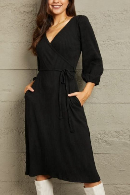 Black Plunge Neck Flare Ruching Dress