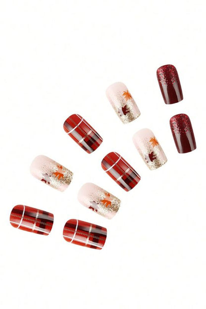 24pcs Maple Leaf Shiny Nail Art False Nail Set