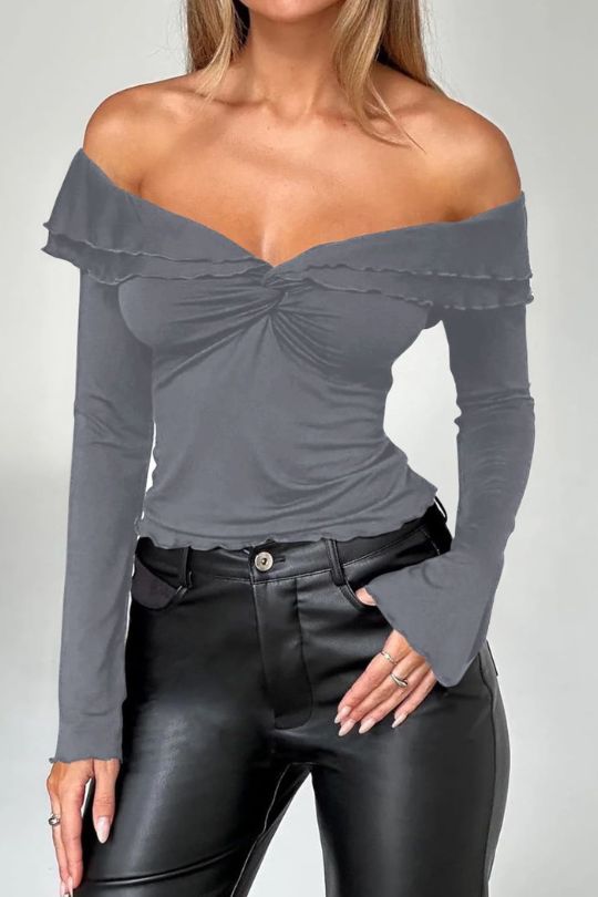 Twisted Ruffled Off-Shoulder Long Sleeve Top