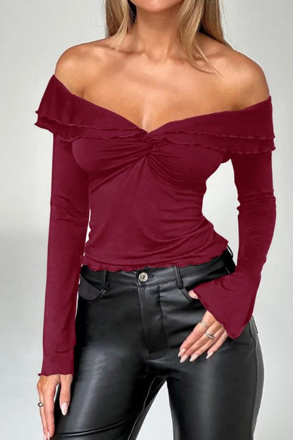 Twisted Ruffled Off-Shoulder Long Sleeve Top