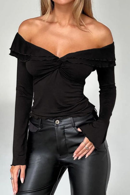 Twisted Ruffled Off-Shoulder Long Sleeve Top