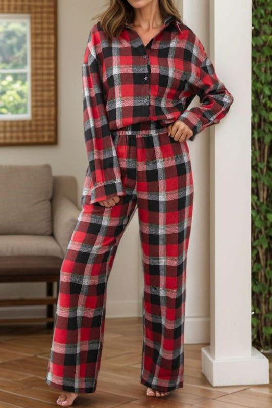 Plaid Long Sleeve Top and Pants Lounge Set