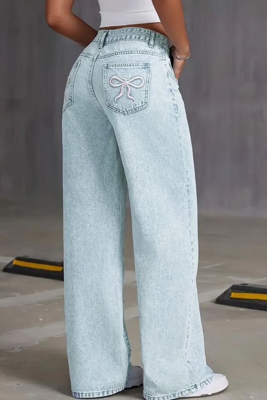 Women's Bow Detail Wide Leg Jeans