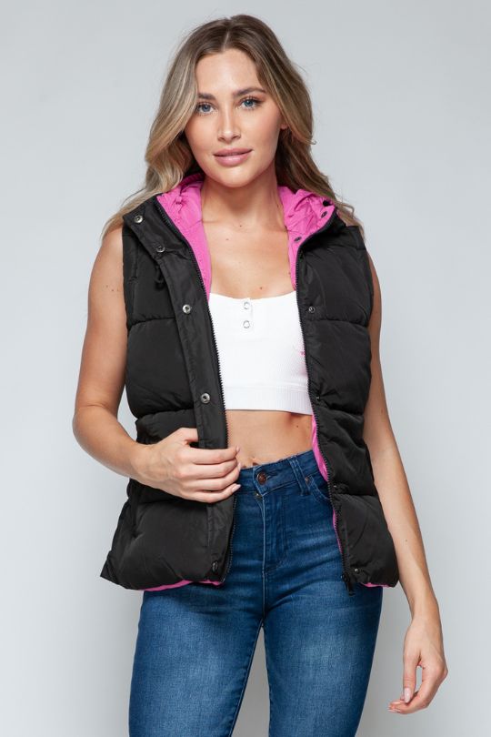 Snap and Zipper Hooded Vest Jacket