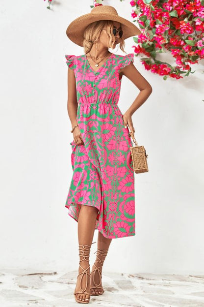 Women's Printed V-Neck Cap Sleeve Dress