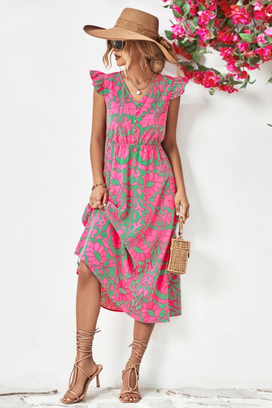 Women's Printed V-Neck Cap Sleeve Dress