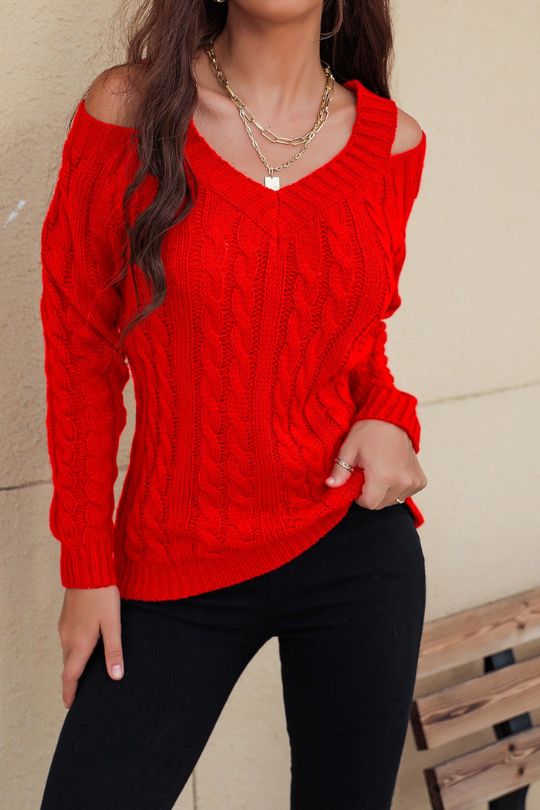 Cable-Knit V-Neck Hollow Shoulder Sweater