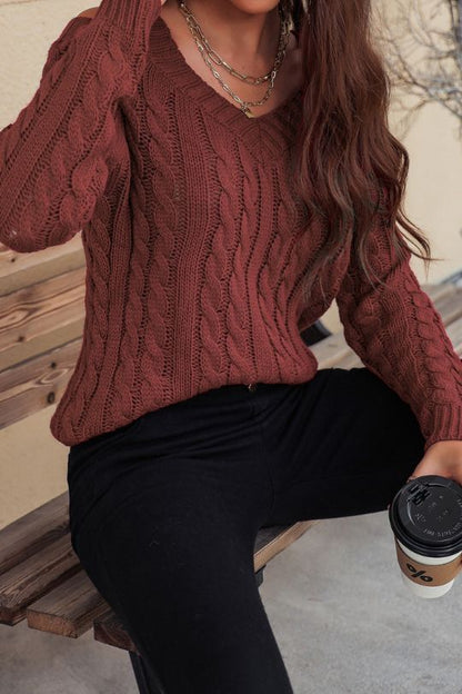 Cable-Knit V-Neck Hollow Shoulder Sweater