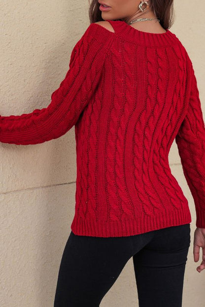 Cable-Knit V-Neck Hollow Shoulder Sweater