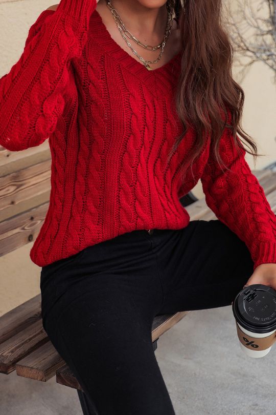 Cable-Knit V-Neck Hollow Shoulder Sweater