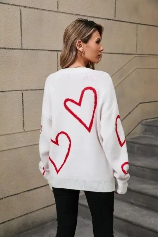 Women's White Red Heart Sweater