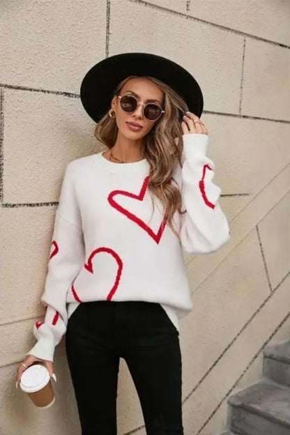 Women's White Red Heart Sweater