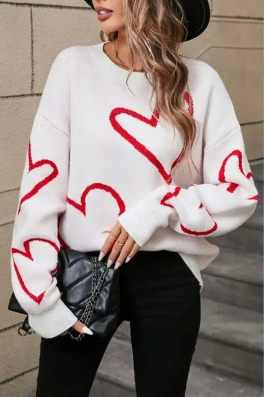 Women's White Red Heart Sweater