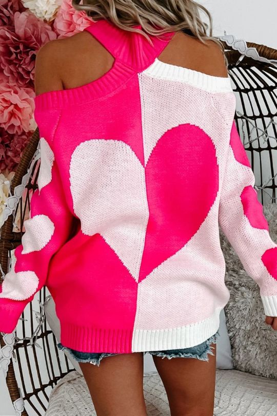 Hot Pink Hollow Shoulder Sweater