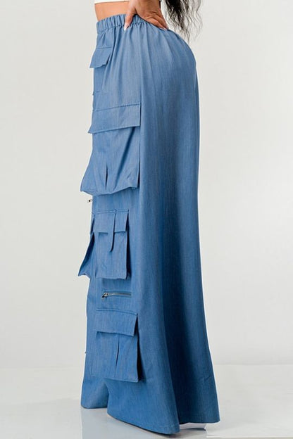 Chic Blue Wide Leg Cargo Pants