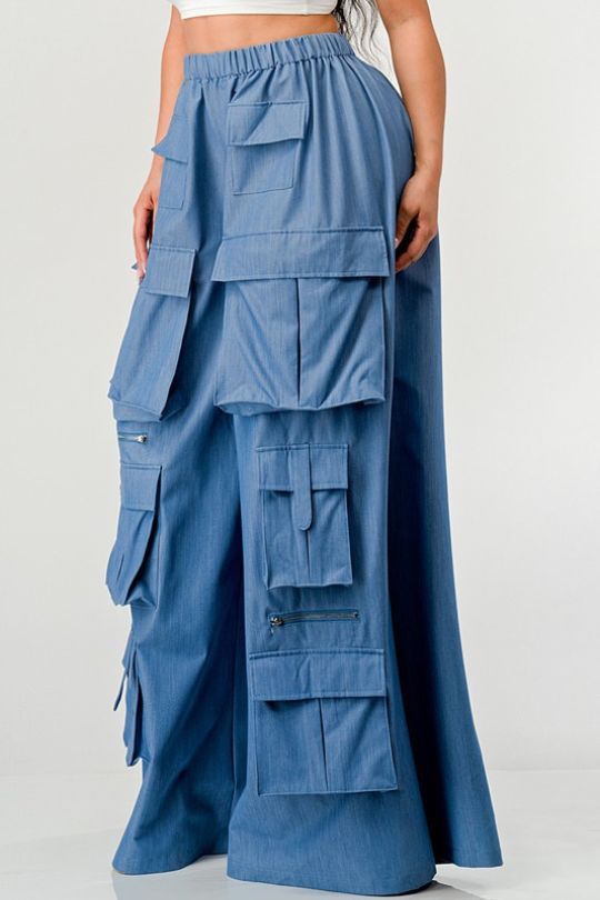 Chic Blue Wide Leg Cargo Pants