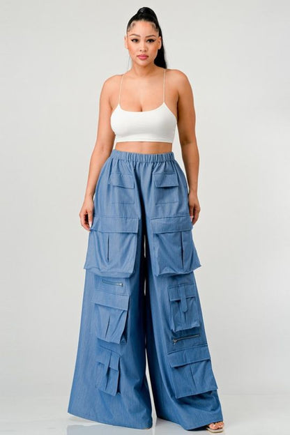 Chic Blue Wide Leg Cargo Pants