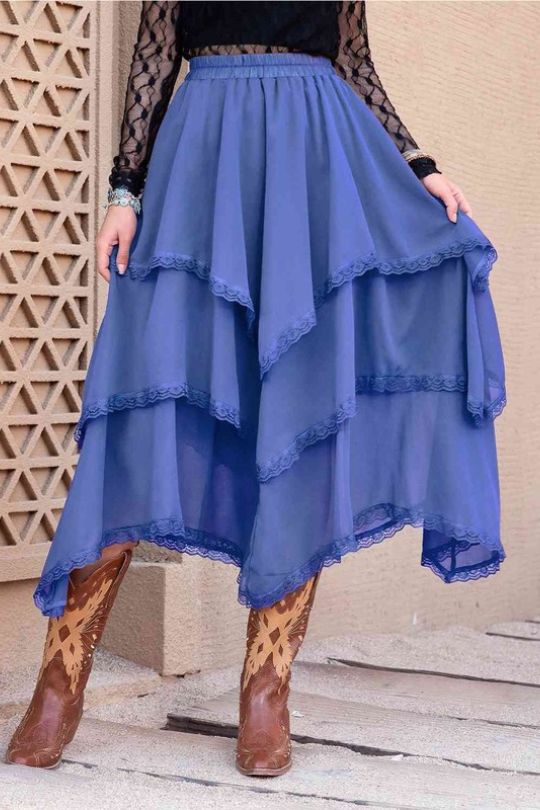 Three Tiered Lace Trim Midi Skirt