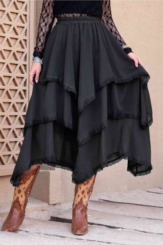 Three Tiered Lace Trim Midi Skirt