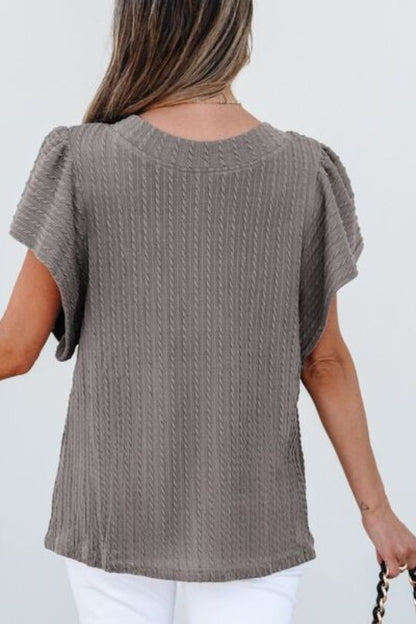 Gray Textured Flounce Sleeve Round Neck Blouse