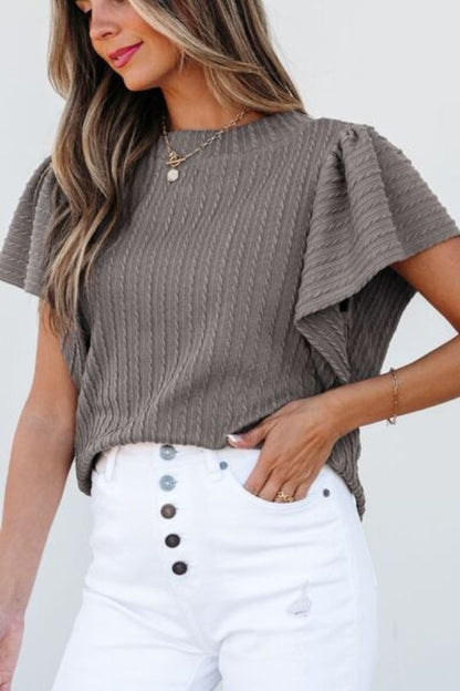 Gray Textured Flounce Sleeve Round Neck Blouse