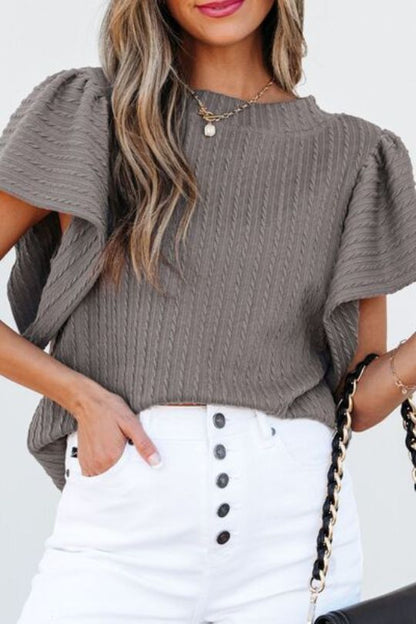 Gray Textured Flounce Sleeve Round Neck Blouse